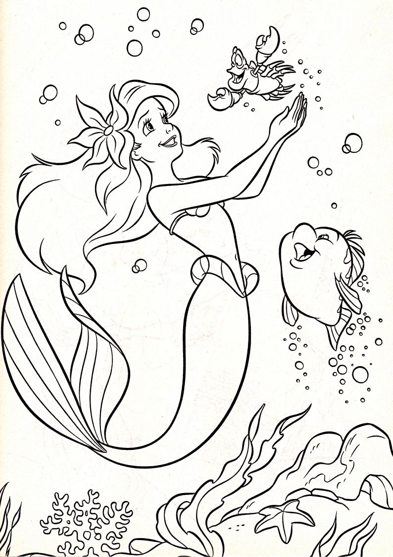 kolorowanka z syrenką Ariel, rybką Florkiem i krabem Sebastianem z bajki Disney Mała Syrenka obrazek do wydruku i pomalowania numer 9